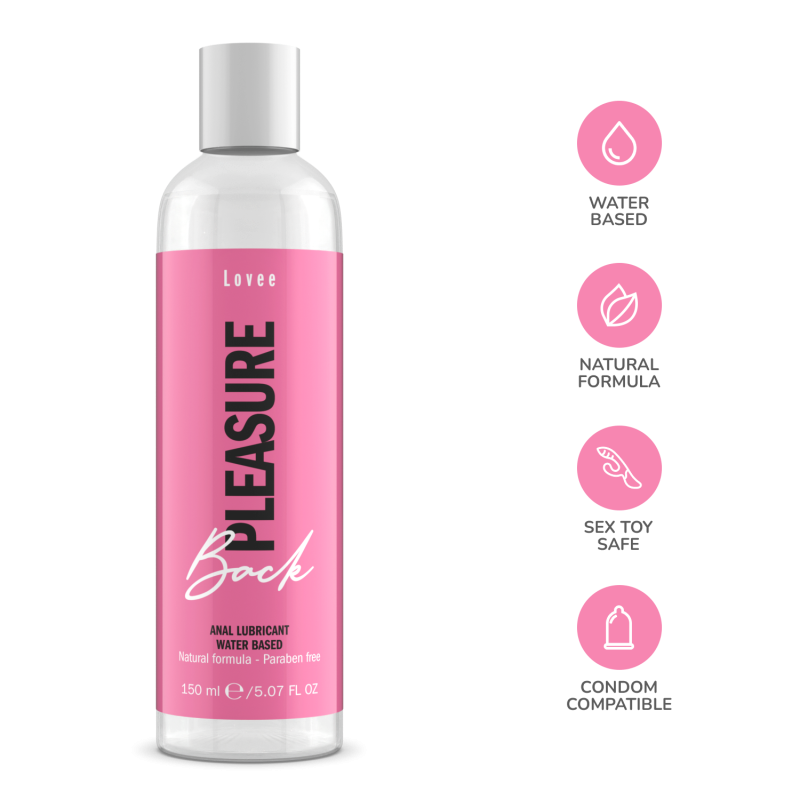 Lovee Back Pleasure 150 ml buteliukas su piktogramomis: vandens pagrindu, natūrali formulė, saugus su žaislais ir prezervatyvais