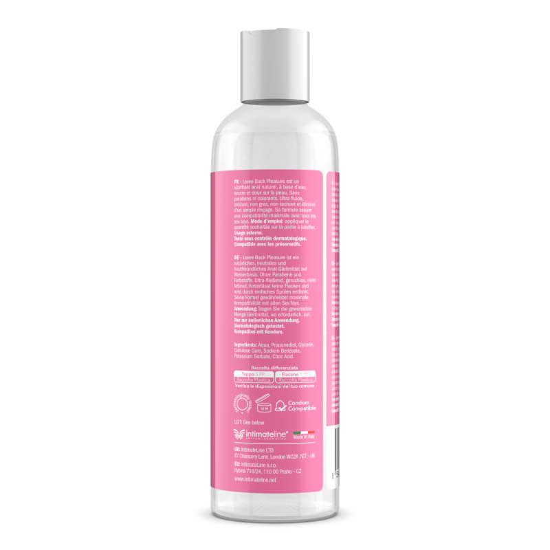 Lovee Back Pleasure analinio lubrikanto pakuotės galinė pusė su sudėtimi