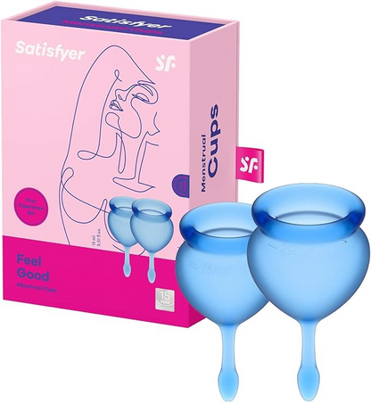 Satisfyer Feel Good mėlyna menstruacinė taurelė – pirmo naudojimo rinkinys