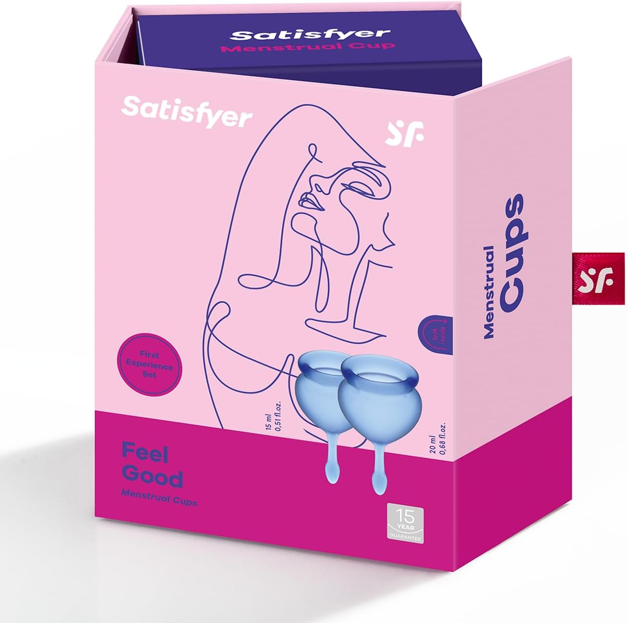 Satisfyer Feel Good menstruacinių taurelių rinkinys su stilinga rožine ir mėlyna pakuote